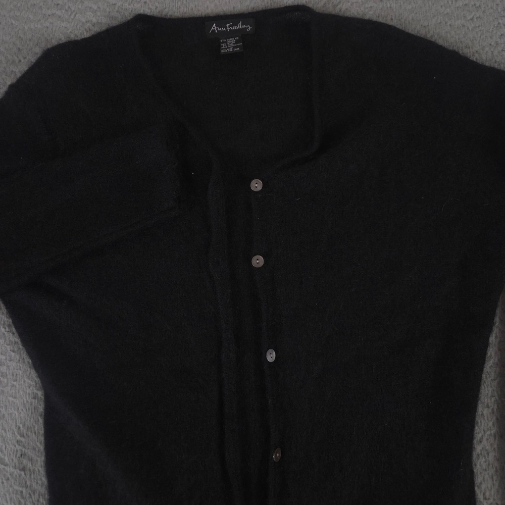 VTG Ann Freedberg Sweater Women Large Black Super Kid Mohair Wool Cardigan 90s